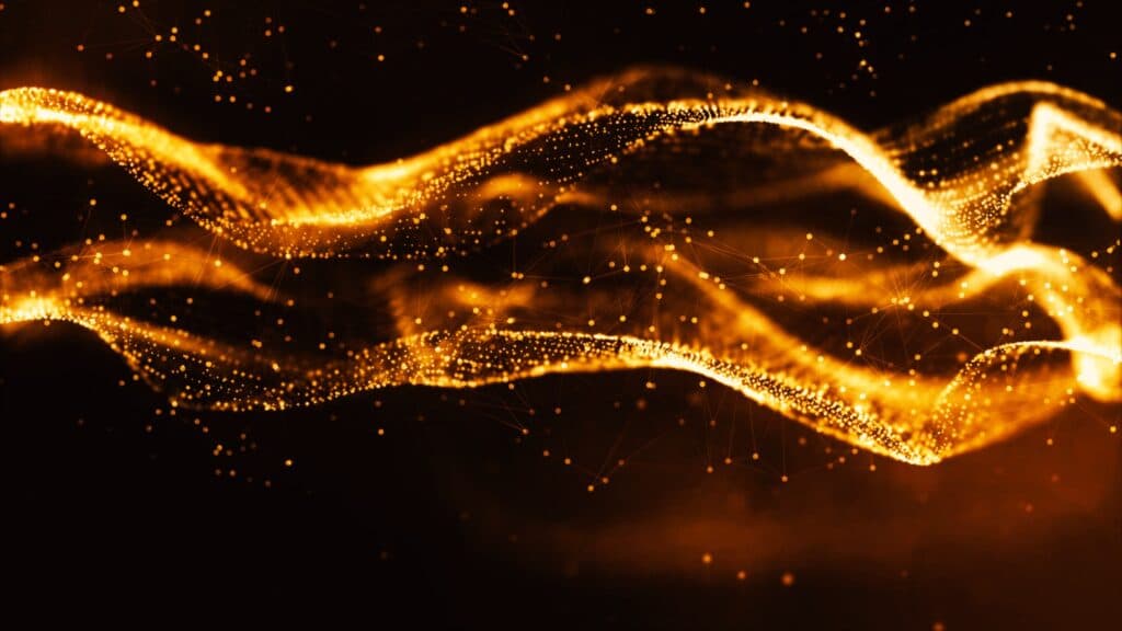 Digital gold color particles wave and bokeh abstract background